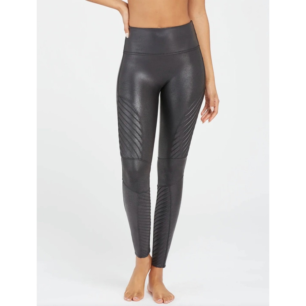 Spanx Faux‎ Leather Moto Leggings Very Black Petite Small High Waisted Shaping